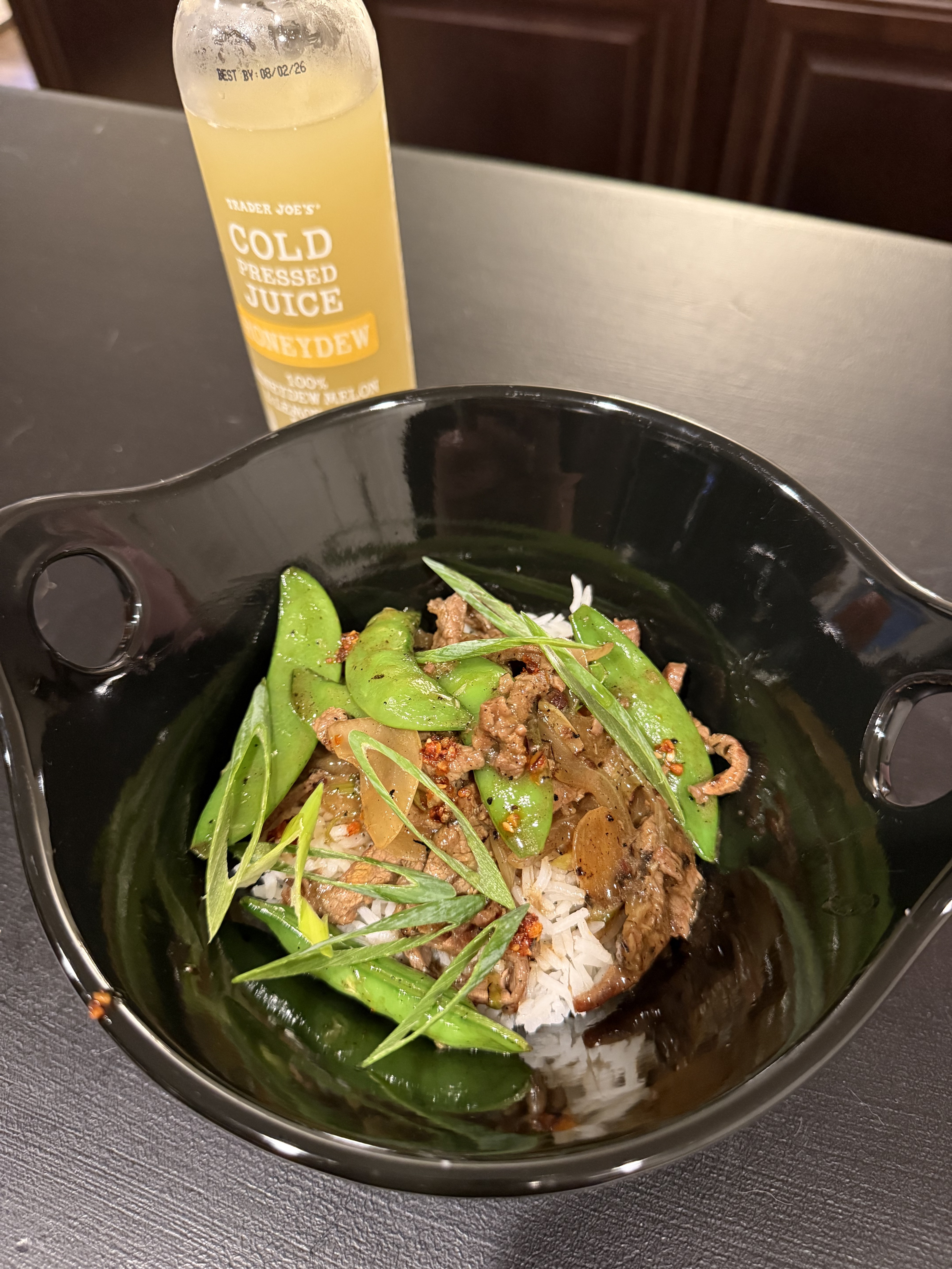 Close up of the beef and snap pea stir fry