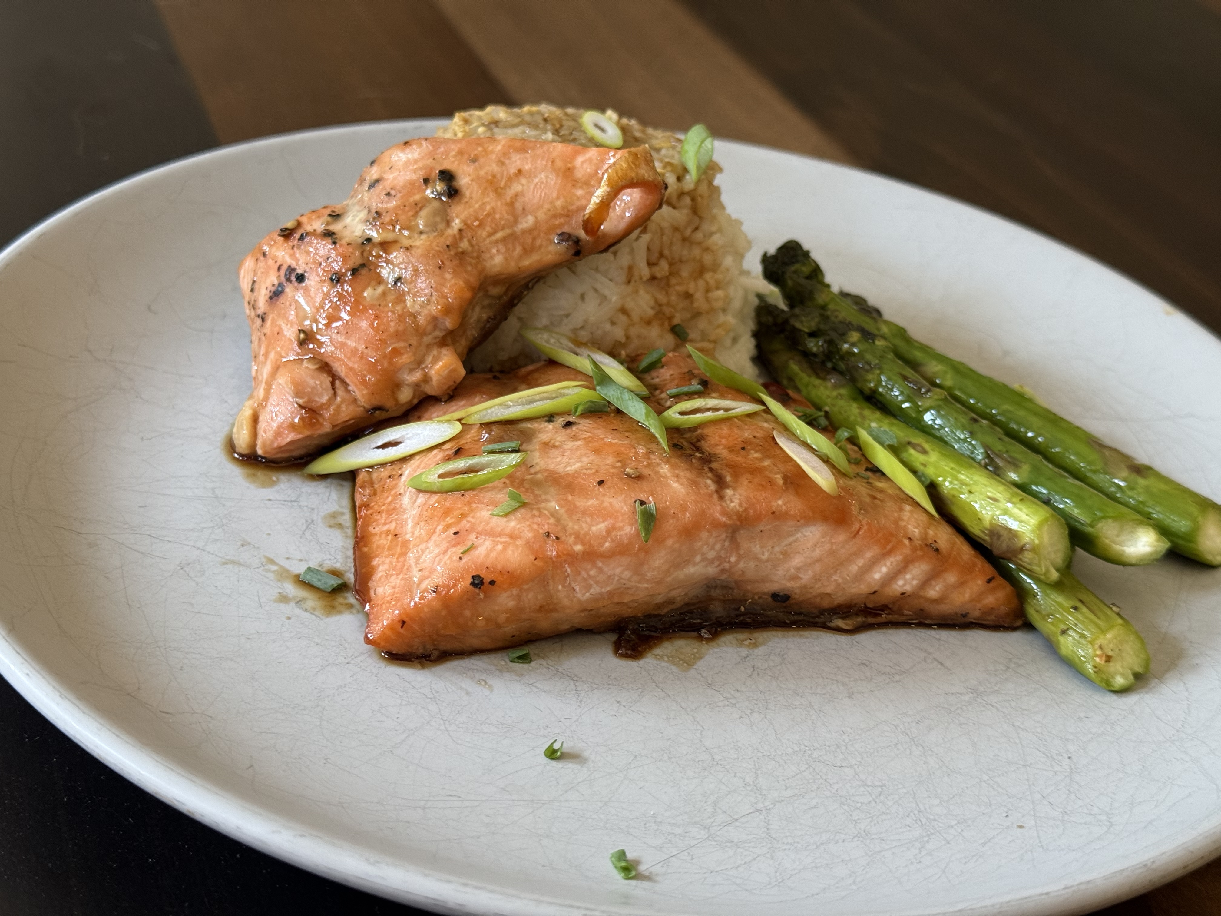 Honey garlic glazed salmon with broiled asparagus