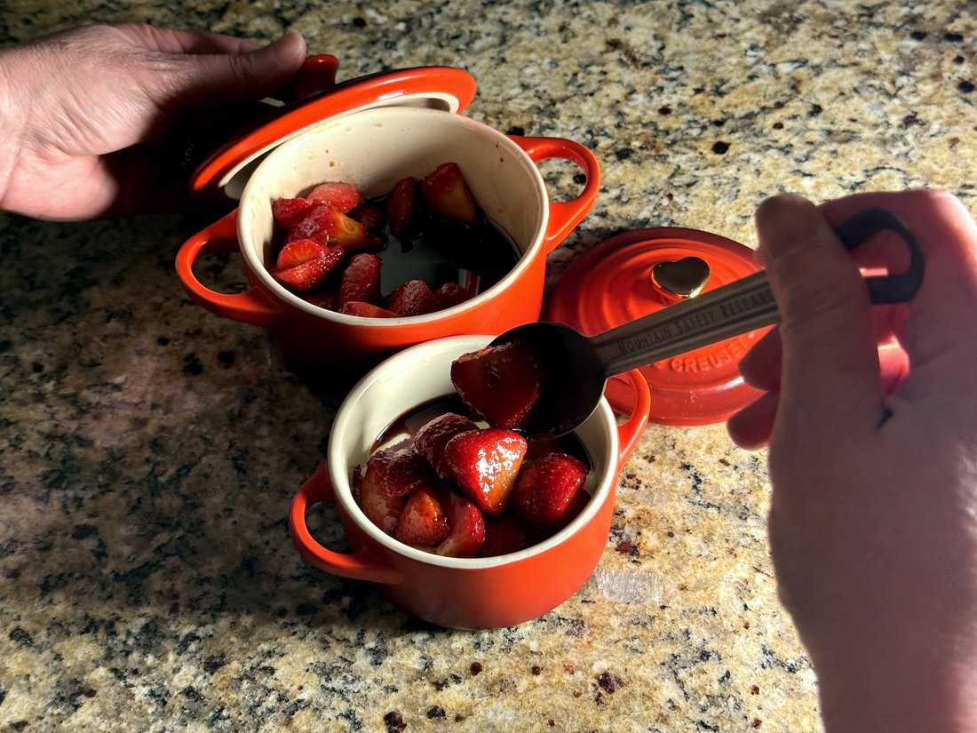 Orange crema panna cotta with balsamic macerated strawberries in Le Creuset cocottes