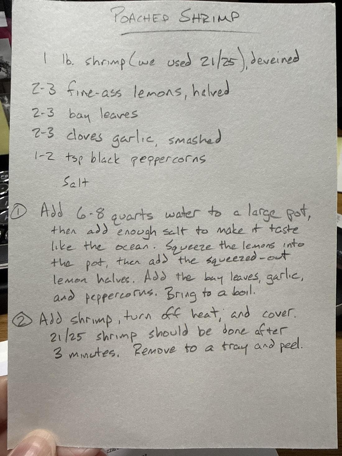 Colin's handwritten poached shrimp recipe card