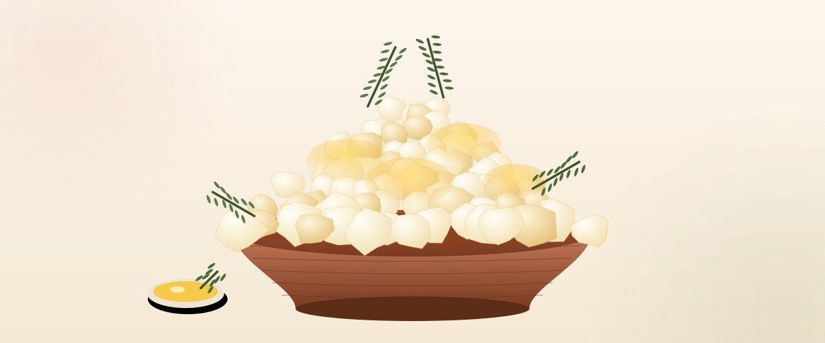 An illustrated bowl of rosemary buttered popcorn, piled high with golden butter sheen and fresh rosemary sprigs, with a small dish of rosemary butter on the side
